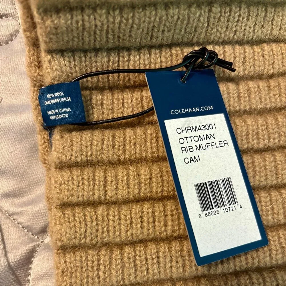 NWT Cole Haan Unisex Men Women Ribbed Tan Large Long Wide Scarf OS